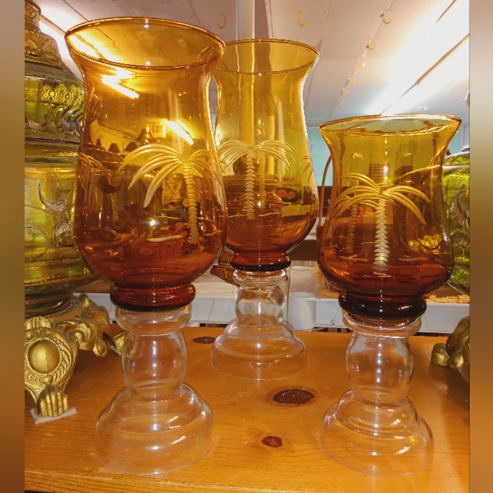 3pc. Set Amber glass candle holder